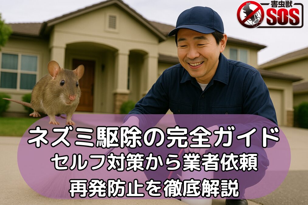 駆除業者とネズミの写真
文字で「ネズミ駆除の完全ガイド｜セルフ対策から業者依頼・再発防止を徹底解説」
害虫獣SOSのロゴ