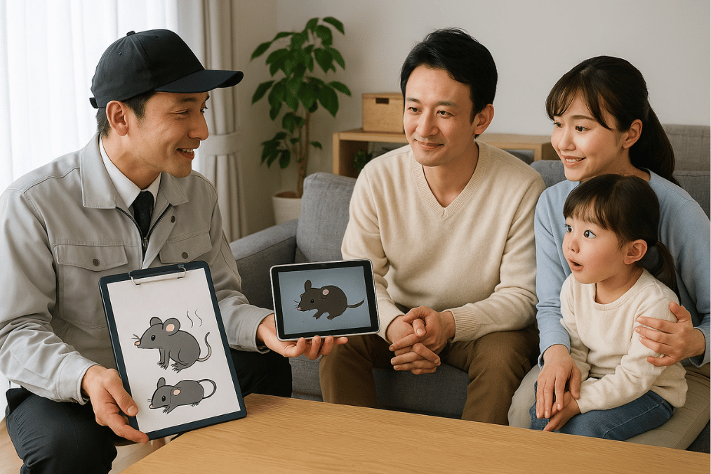 駆除業者と家族のイラスト