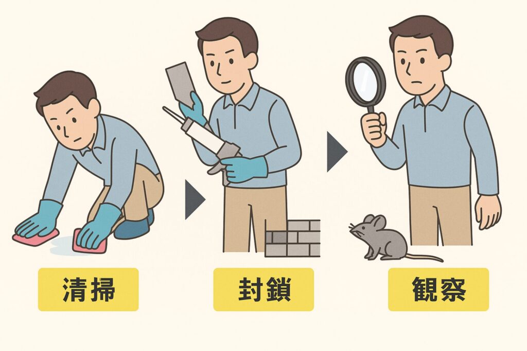 男性とネズミのイラスト
文字で「清掃・封鎖・観察」