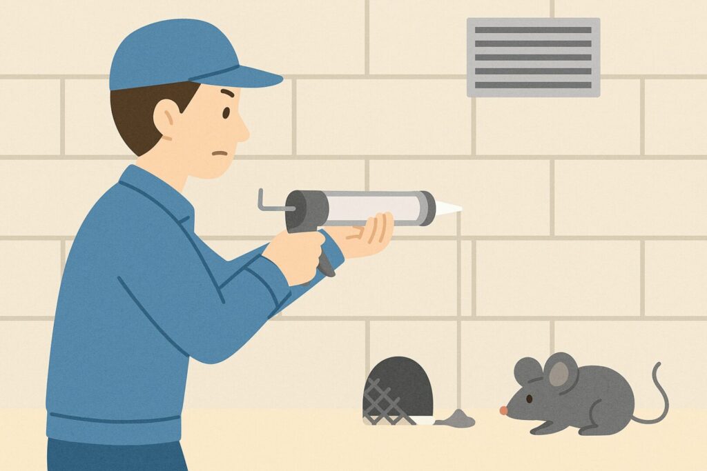 ネズミの侵入経路を作業員が埋めているイラスト