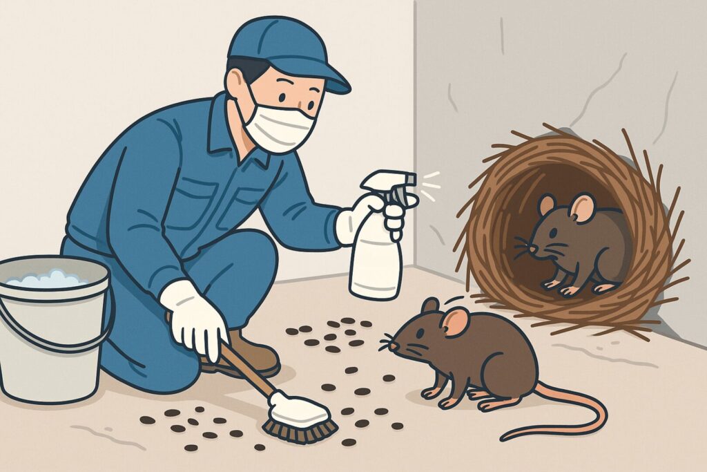 業者がネズミのフンを撤去しているイラスト