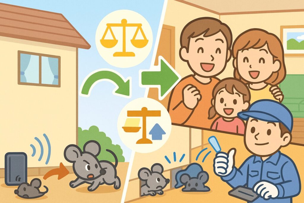 超音波と業者による駆除作業の比較のイラスト