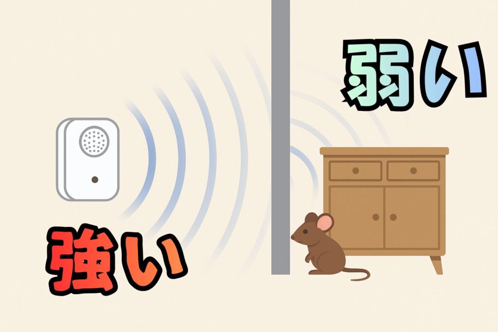 超音波が壁を挟んで弱くなるイラスト