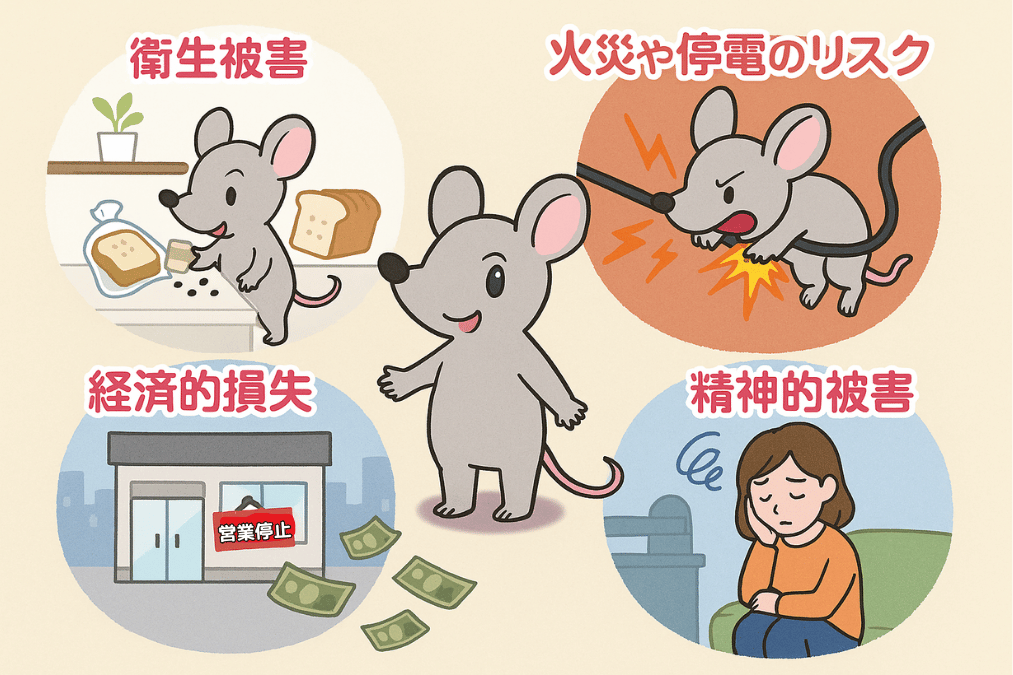 ネズミが食パンやケーブルをかじるイラスト