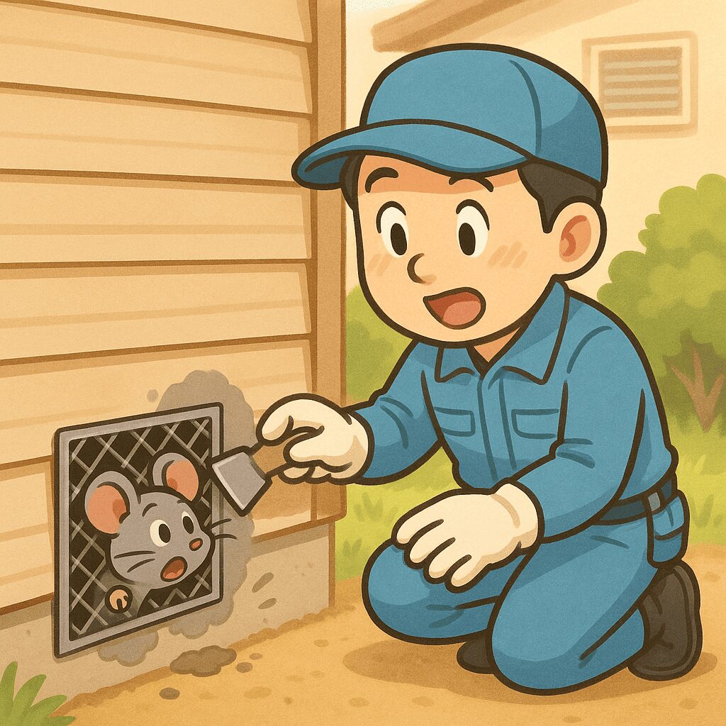 侵入経路を塞いでいる作業員のイラスト