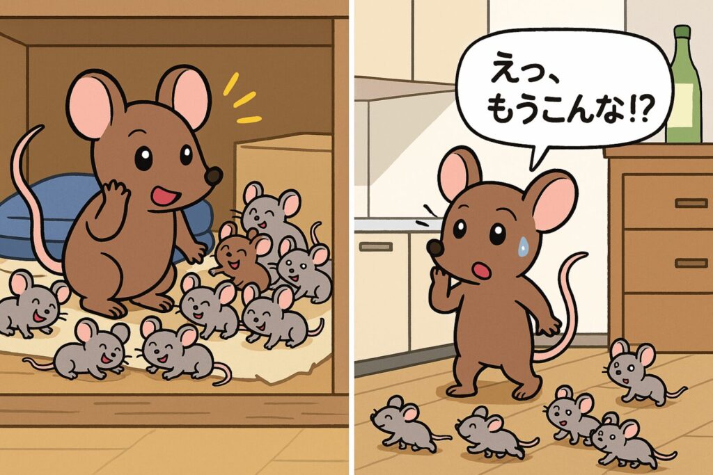 ネズミが繁殖しているイラスト
「え、もうこんな!?」と吹き出し