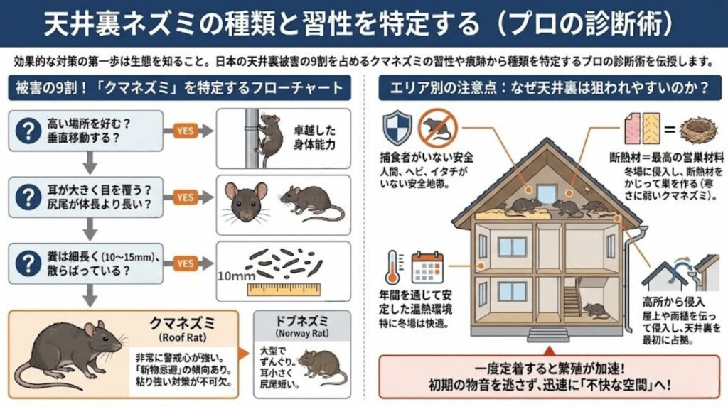 被害の9割！「クマネズミ」を特定するフローチャートのイラスト