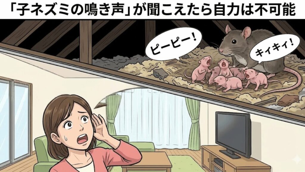 子ネズミの鳴き声が聞こえたら自力は不可能のイラスト
