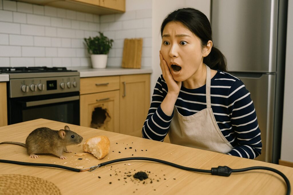 ネズミに配線を齧られて驚いている女性