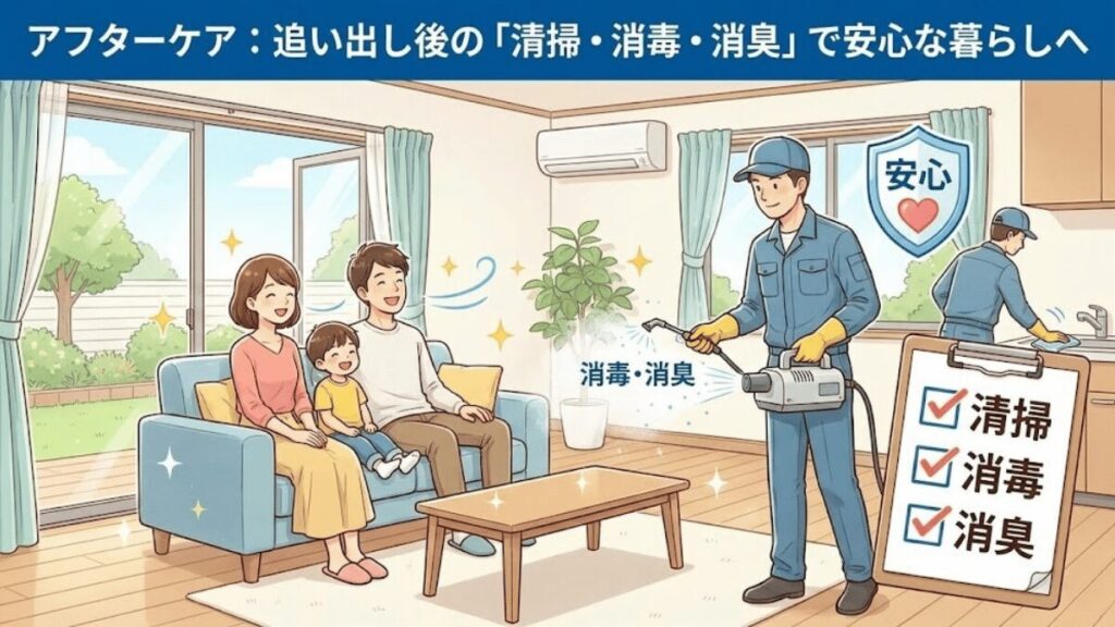 ネズミ駆除後に消臭消毒している作業員のイラスト