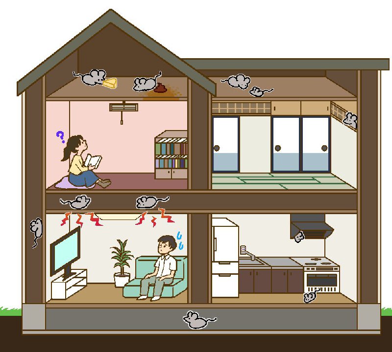 天井裏をネズミが走り回ってるイラスト