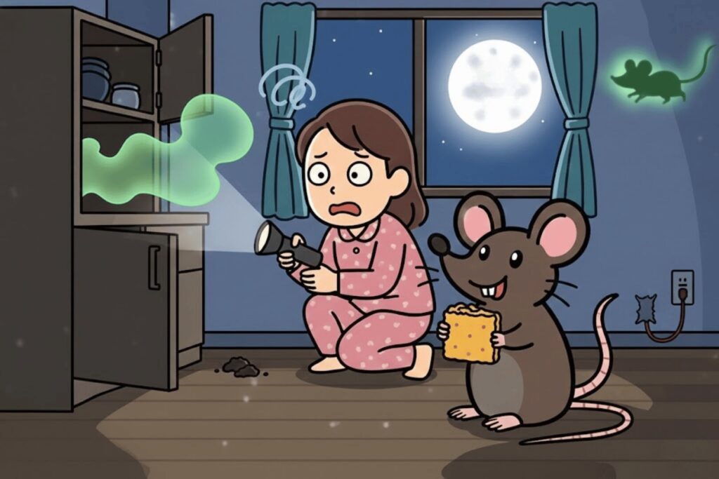 夜間に女性がネズミを探しているイラスト