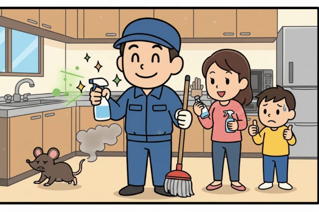 作業員がネズミを駆除したあとに、消毒しているイラスト