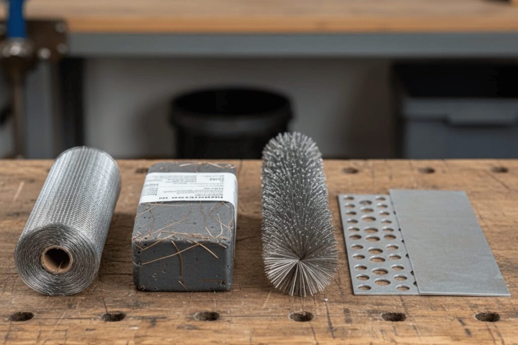 ステンレスメッシュ(16〜20メッシュ),
防鼠パテ(銅線・金属繊維入り),
防鼠ブラシ,
パンチングメタル/金属板のイラスト