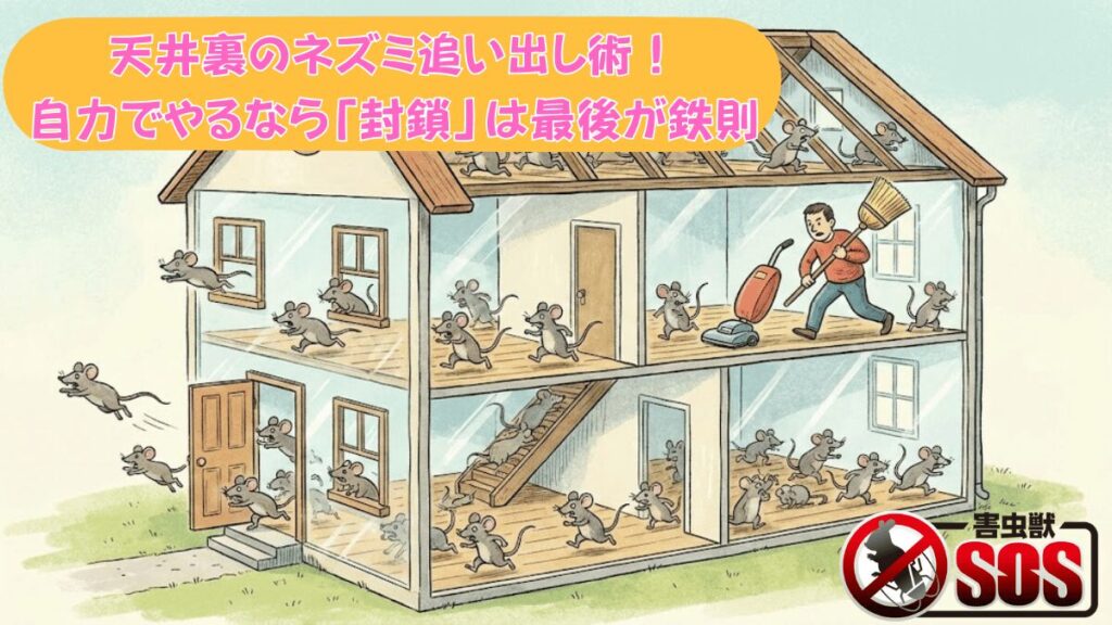 家の中のネズミを男性が追いかけているイラスト