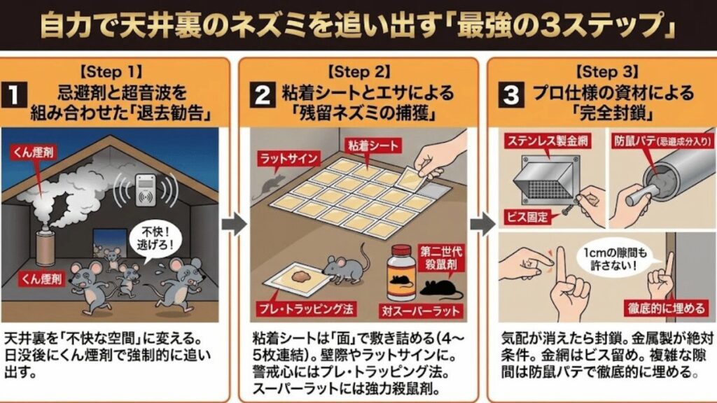 自力で天井裏のネズミを追い出す「最強の3ステップ」のイラスト