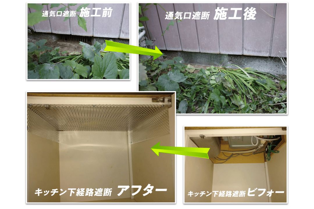 基礎の通気口を金網で遮断した施工前後と、キッチン下の配管まわりをパンチングメタルで封鎖したビフォーアフターの写真