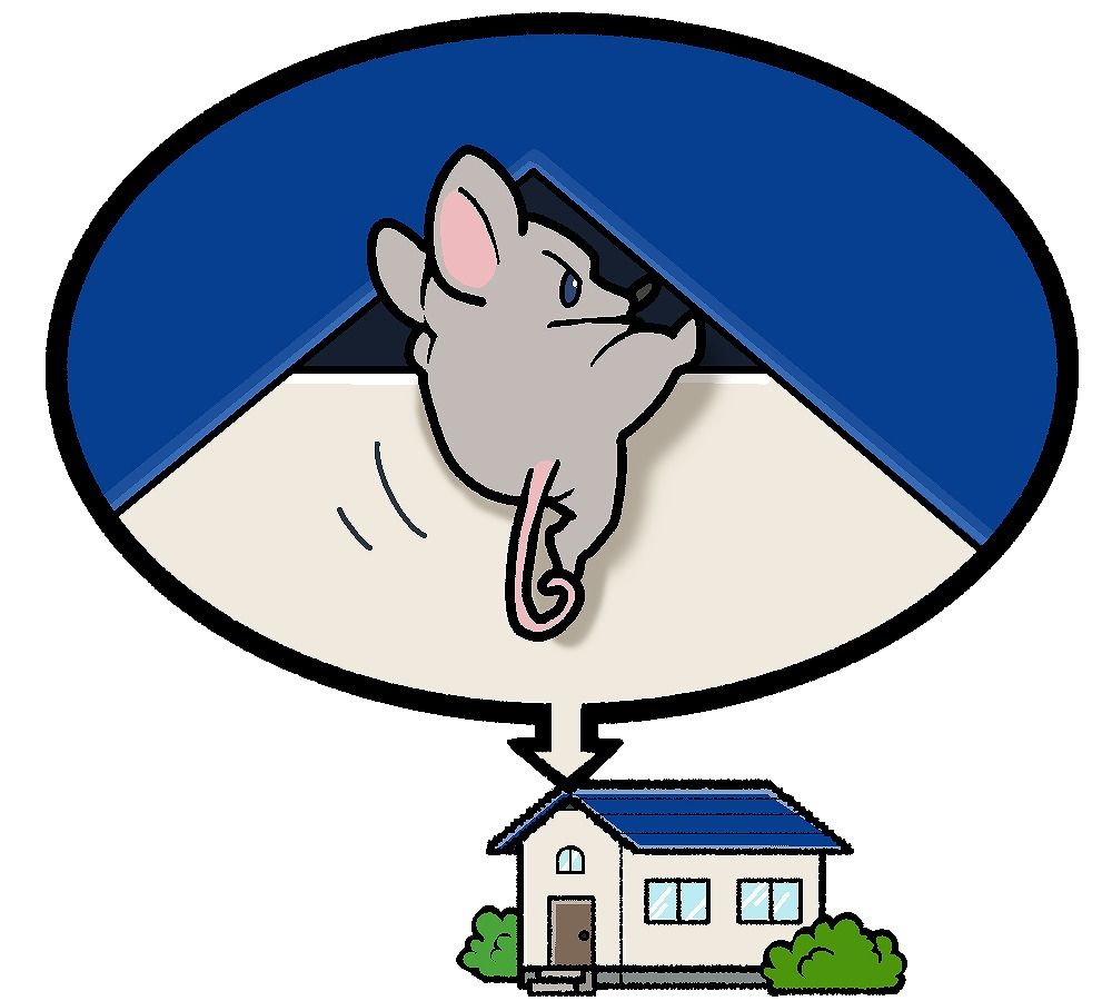 屋根と壁のすき間から家の中へ入り込もうとするネズミのイラスト