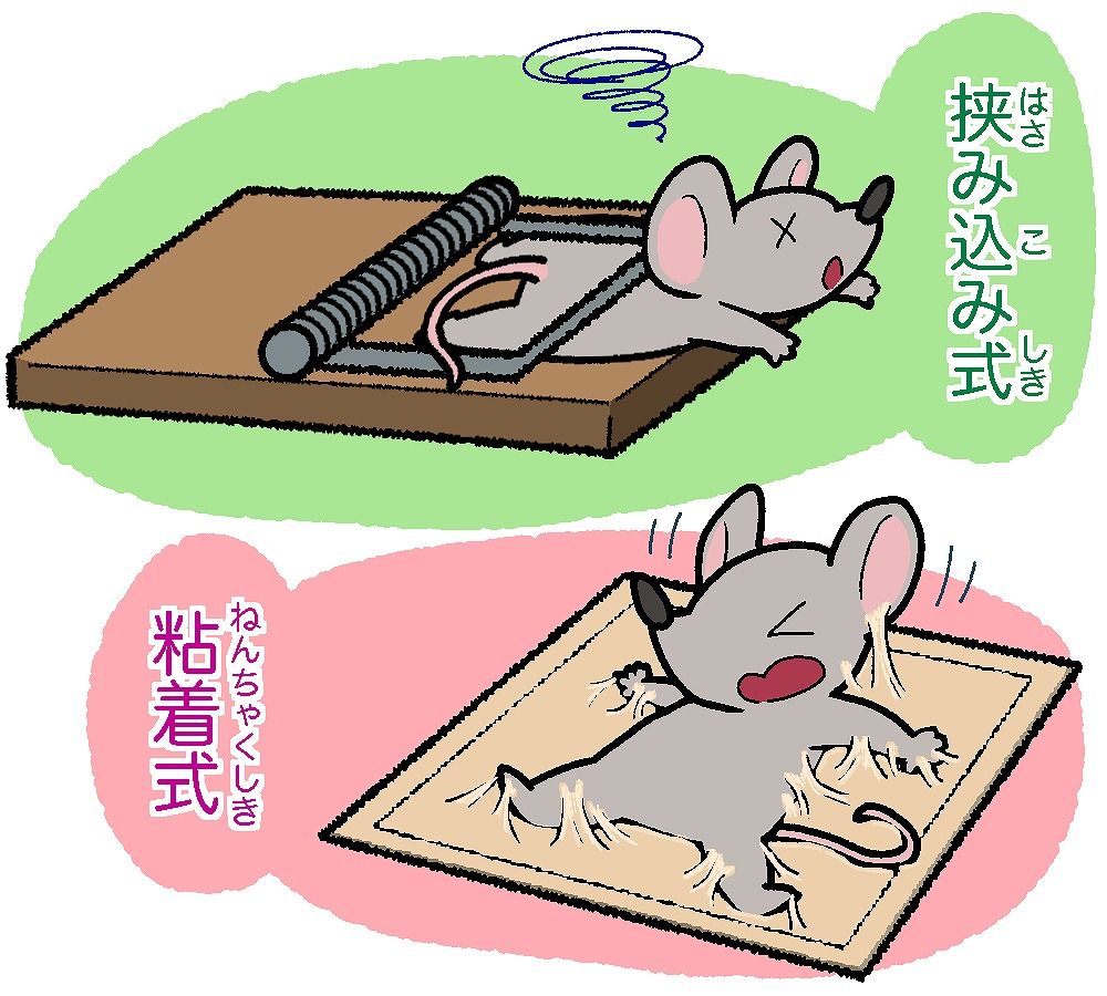 挟み込み式トラップと粘着シートにかかったネズミのイラスト