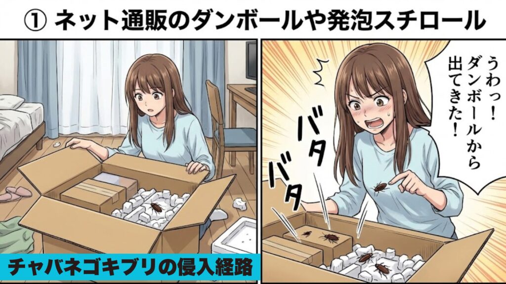 ダンボールからチャバネゴキブリが飛び出してるイラスト