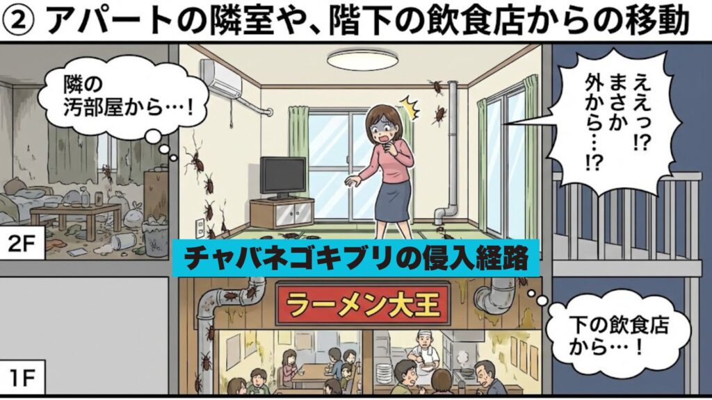 隣の部屋からチャバネゴキブリが移動しているイラスト
